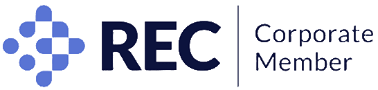 Logo with the word 'REC' in bold blue letters.