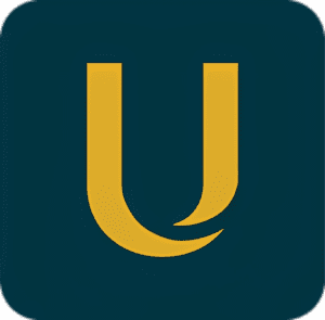 A stylized golden letter 'U' on a dark teal background.