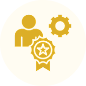 Icon of a person, gear, and award badge symbolizing achievement and settings.