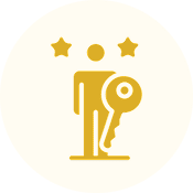 Golden icon of a person holding a key with stars above.