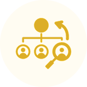 Organizational chart with a magnifying glass and an arrow indicating review or analysis.