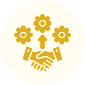 Golden handshake with gears symbolizing teamwork and collaboration.